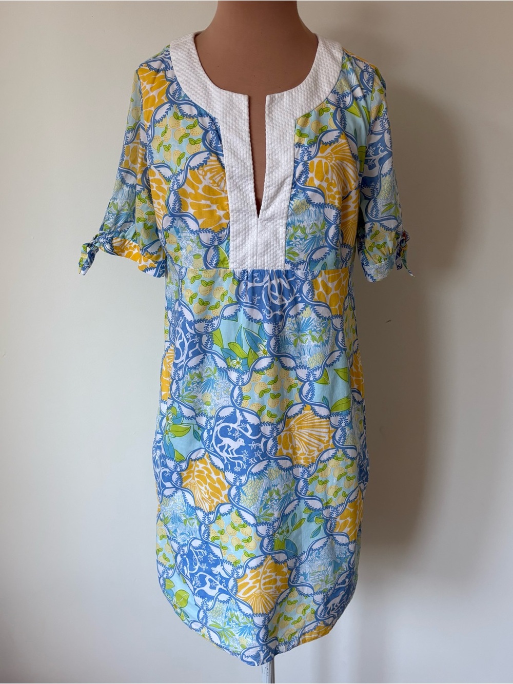 Lilly Pulitzer Andover Fresh Fruity Lemon Monkey Blue Yellow V Neck Dress EUC 6